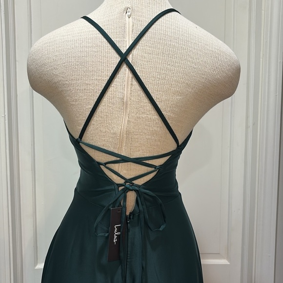 Lulus sz S emerald green long formal/prom/wedding satiny ruffled dress NWT - Picture 7 of 12